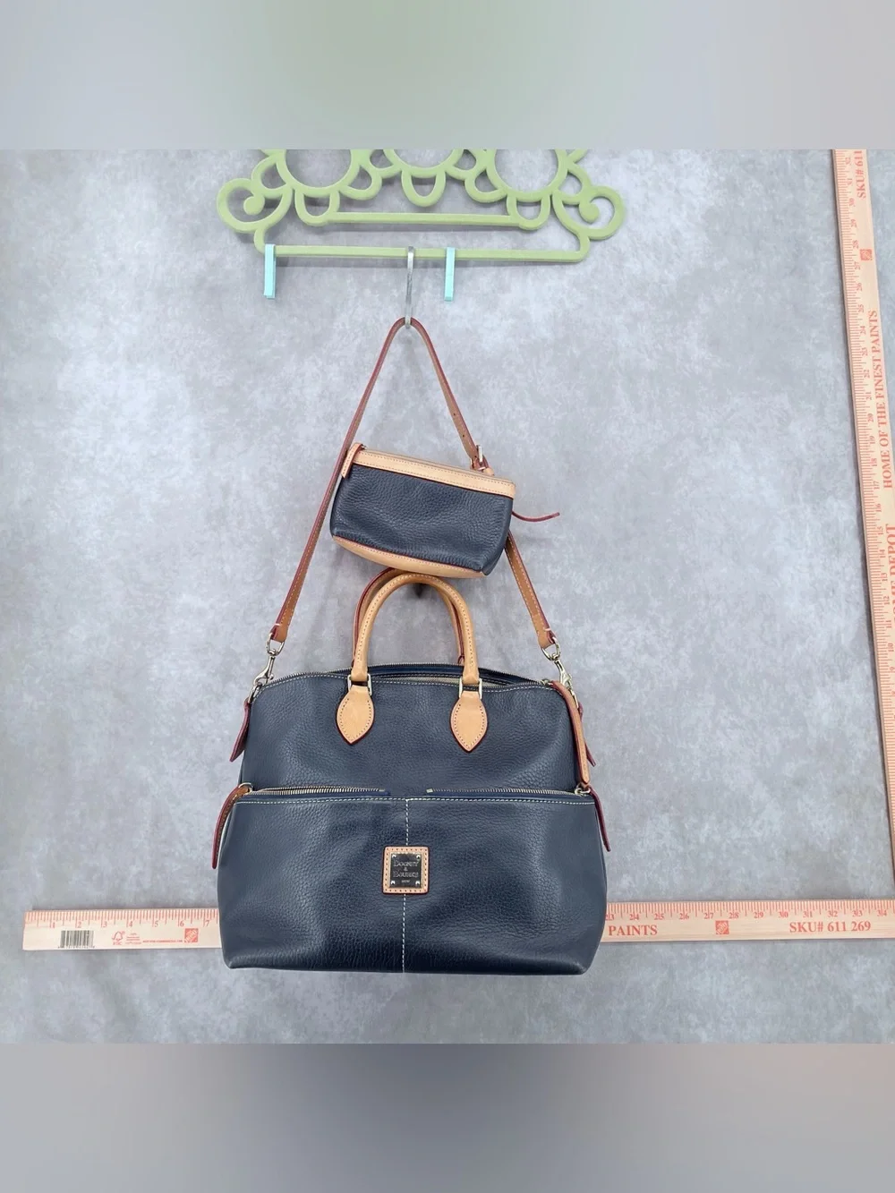 Dooney & Bourke Navy Pebbled Leather Satchel with Tan Trim and Wristlet